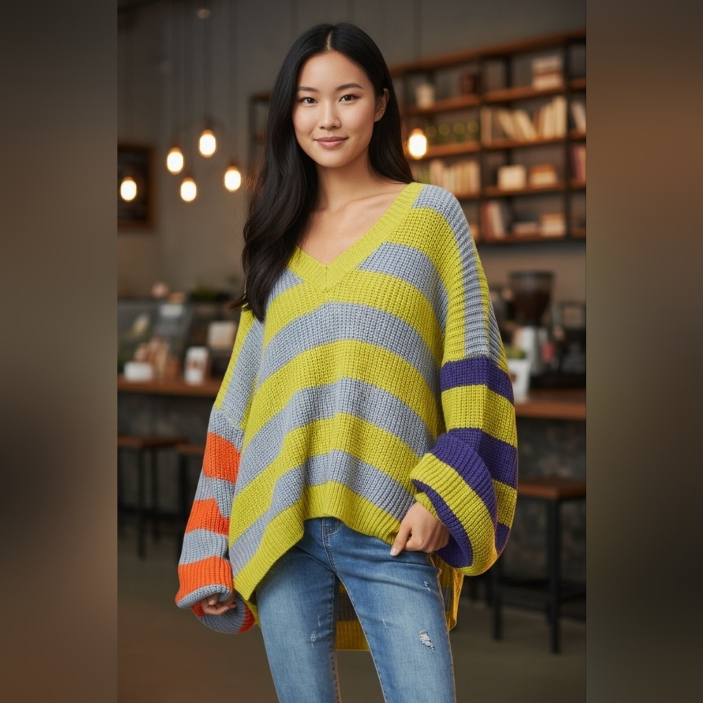 Plus SIze Neon Striped Oversized Ballon Sleeve Chunky V-Neck Sweater